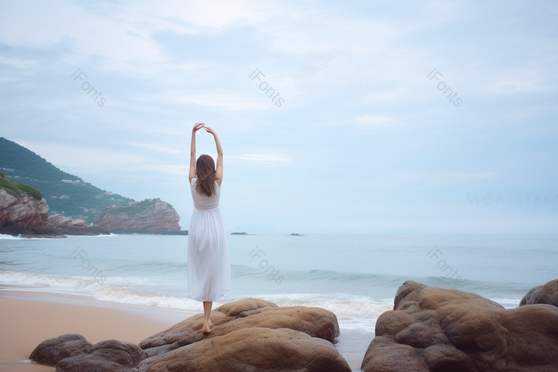 蓝天白云年轻女子在海岛上拍照,高清,摄影图,摄影图片,图片大全,摄影图免费下载
